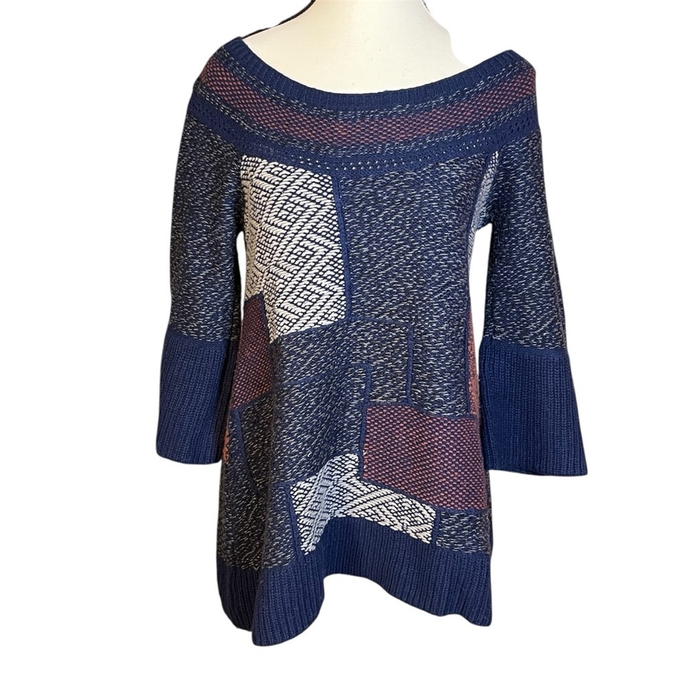 Free People Knit Pullover Sweater Blue Patchwork Boatneck Boho Women’s Small